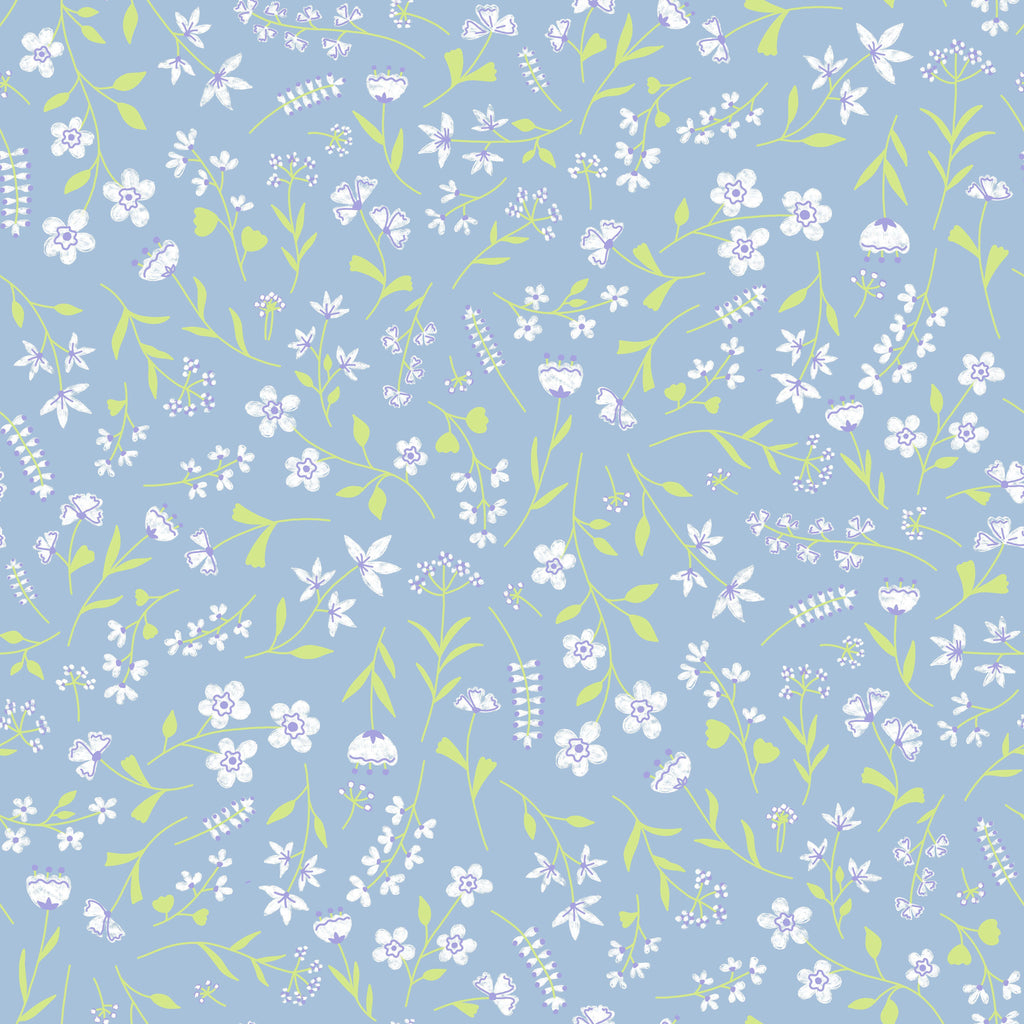 Sky Meadow, peel and stick wallpaper, tiny hand-drawn wildflowers and soft green stems scatter across a muted sky-blue