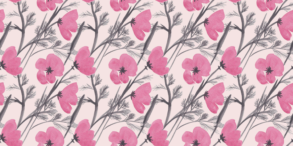 Blush Botanica, peel and stick wallpaper, soft pink blossoms and delicate gray branches weave together in a graceful