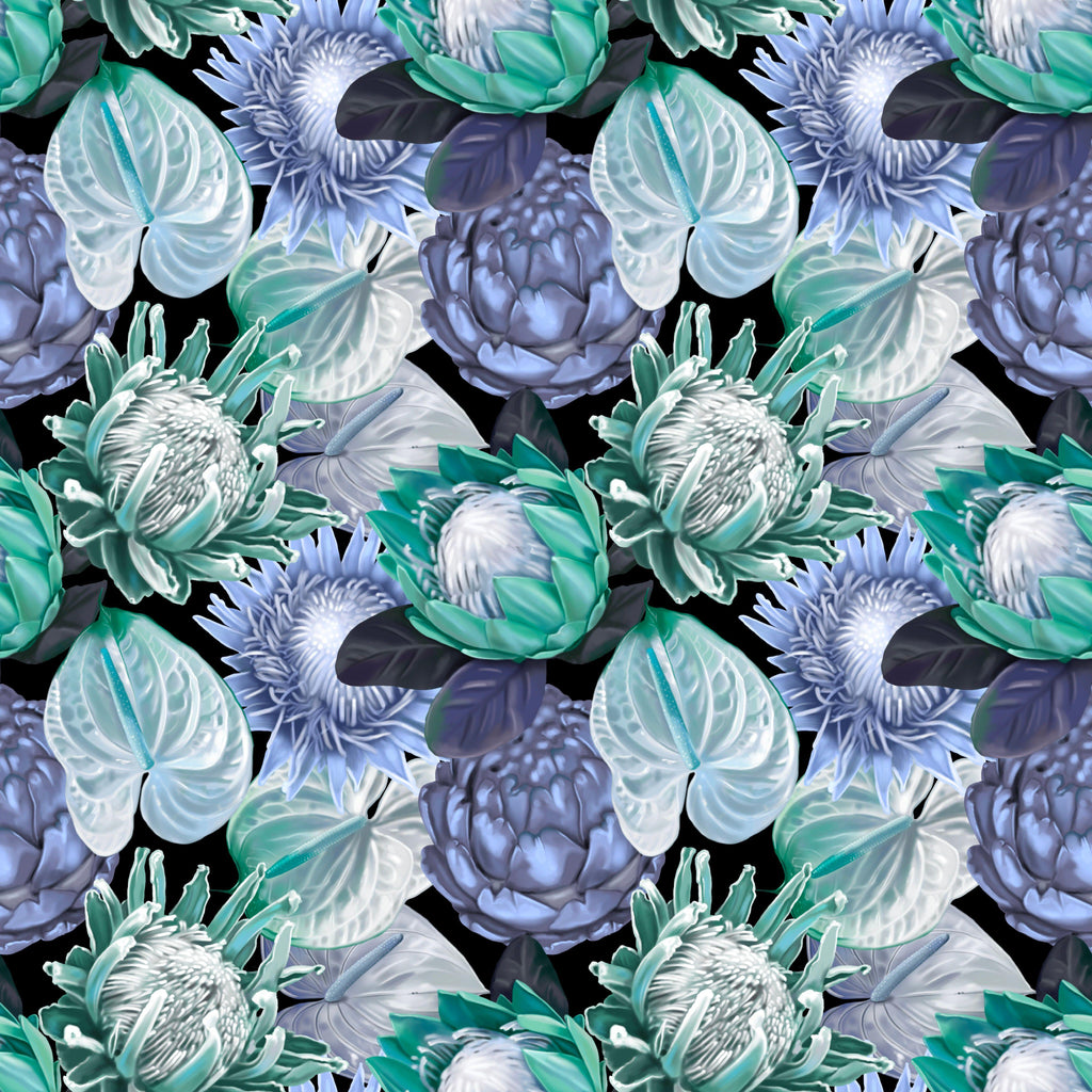 Midnight Botanica, peel and stick wallpaper, luminous floral forms glow against a deep black backdrop, blending cool