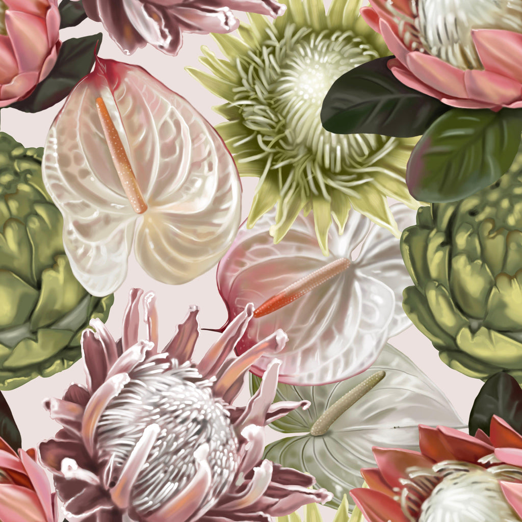 Lush Botanica, peel and stick wallpaper, richly detailed florals overlap in soft blush, creamy ivory, and fresh green