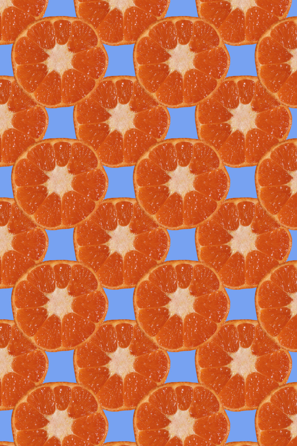 Citrus Pop, peel and stick wallpaper, bright orange slices repeat in a bold, playful pattern set against a cool blue