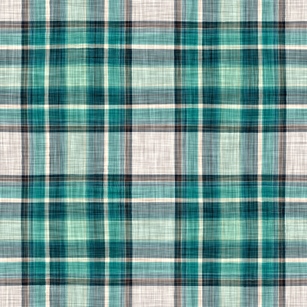 Harbor Tartan, peel and stick wallpaper, watercolor tartan wallpaper combining layered teal tones and soft neutral lines