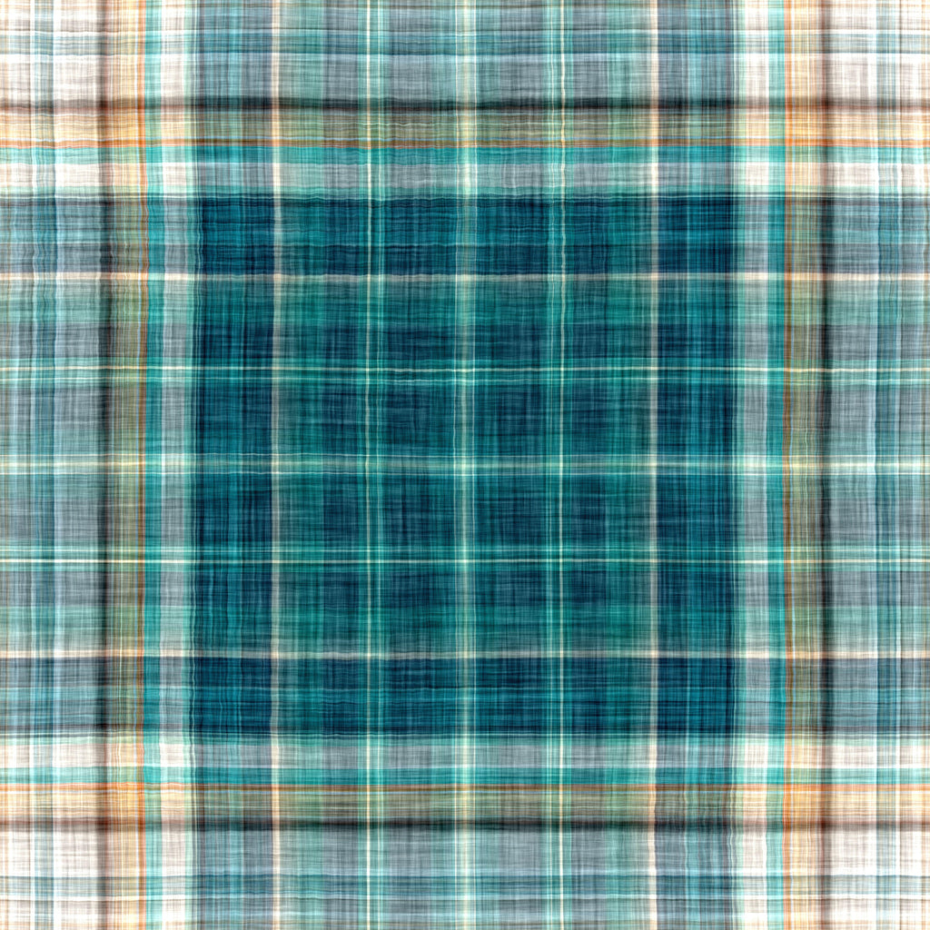 Lagoon Plaid, peel and stick wallpaper, textured plaid wallpaper blending deep teal tones with soft neutral stripes