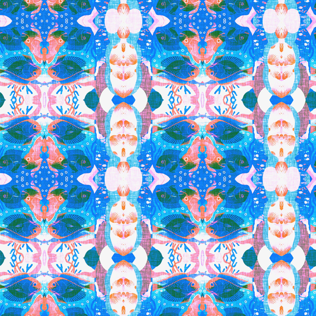 Reef Kaleidoscope, peel and stick wallpaper, vibrant patterned wallpaper featuring mirrored fish and coral-inspired shapes