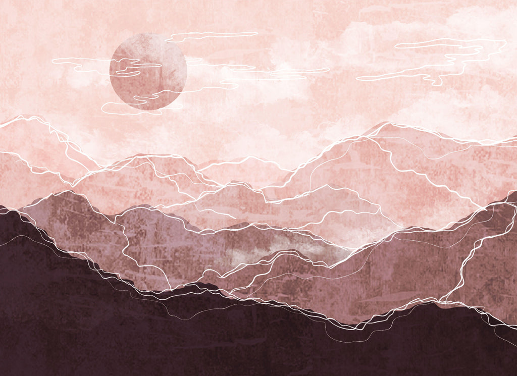 Blush Peaks, wallpaper mural, soft watercolor mountains rise beneath a hazy blush sky, traced with delicate linework