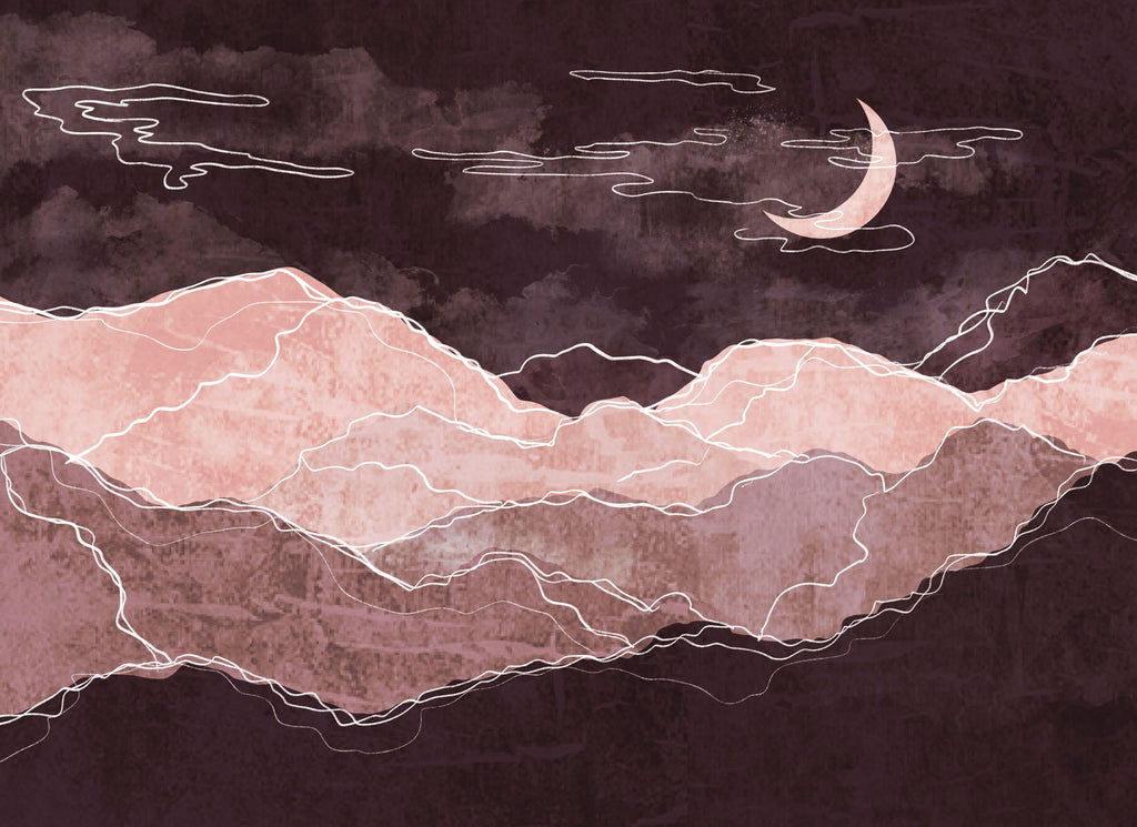 Midnight Blush, wallpaper mural, moody night mountains glow with blush highlights beneath a crescent moon