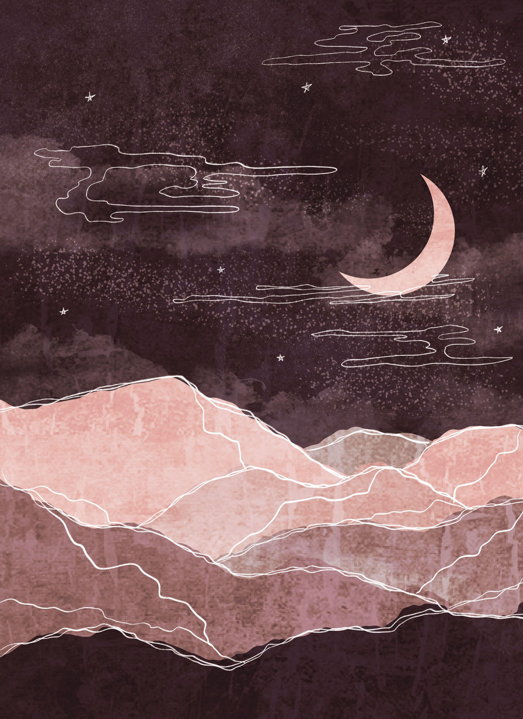 Moonlit Blush, wallpaper mural, blush mountains rest beneath a crescent moon, drifting clouds, and scattered stars