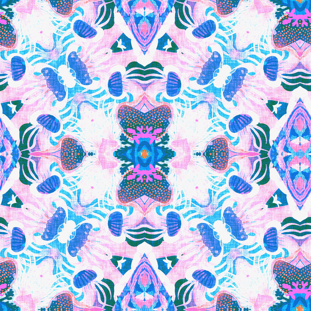 Jellyfish Bloom, peel and stick wallpaper, kaleidoscopic wallpaper featuring jellyfish shapes and coral-inspired forms