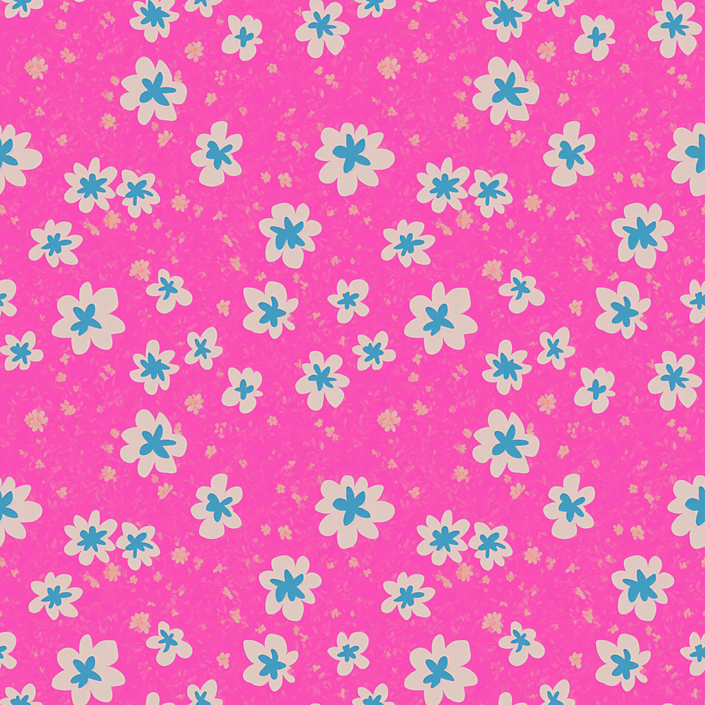 Candy Blooms, peel and stick wallpaper, playful white flowers with blue centers scatter across a vibrant pink background