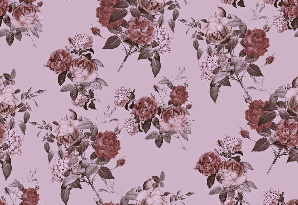 Rose Ensemble, peel and stick wallpaper, classic rose bouquets in soft vintage tones repeat across a dusty mauve