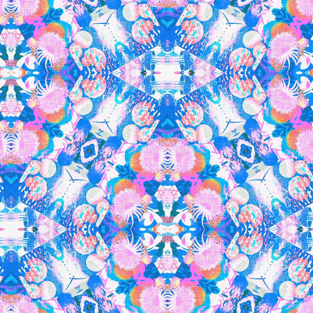 Coral Kaleidoscope, peel and stick wallpaper, kaleidoscopic wallpaper featuring coral, shells, and ocean life motifs