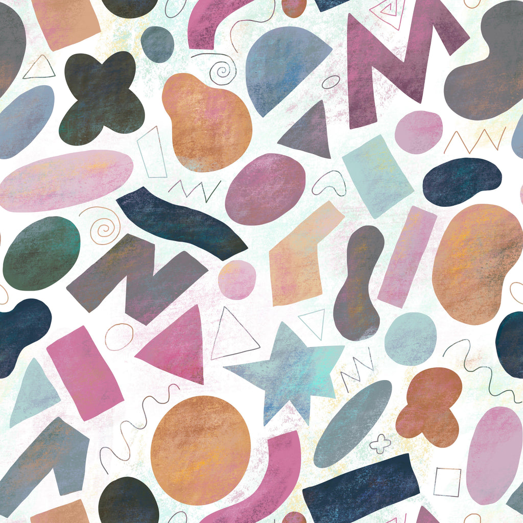 Retro Shapes, peel and stick wallpaper, playful abstract forms in dusty pink, teal, ochre, and navy scatter