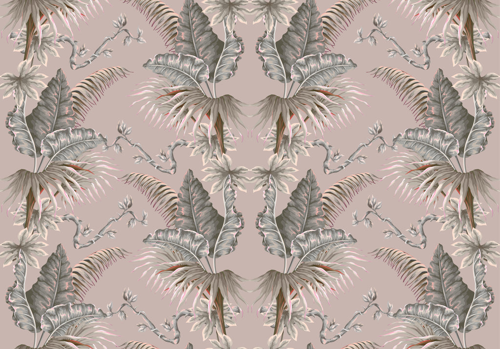 Blush Foliage, peel and stick wallpaper, elegant tropical leaves and delicate branches form a symmetrical botanical