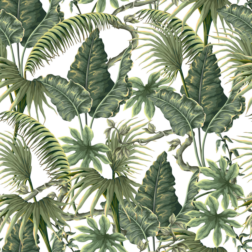 Tropical Canopy, peel and stick wallpaper, lush botanical energy indoors with layered tropical leaves illustrated