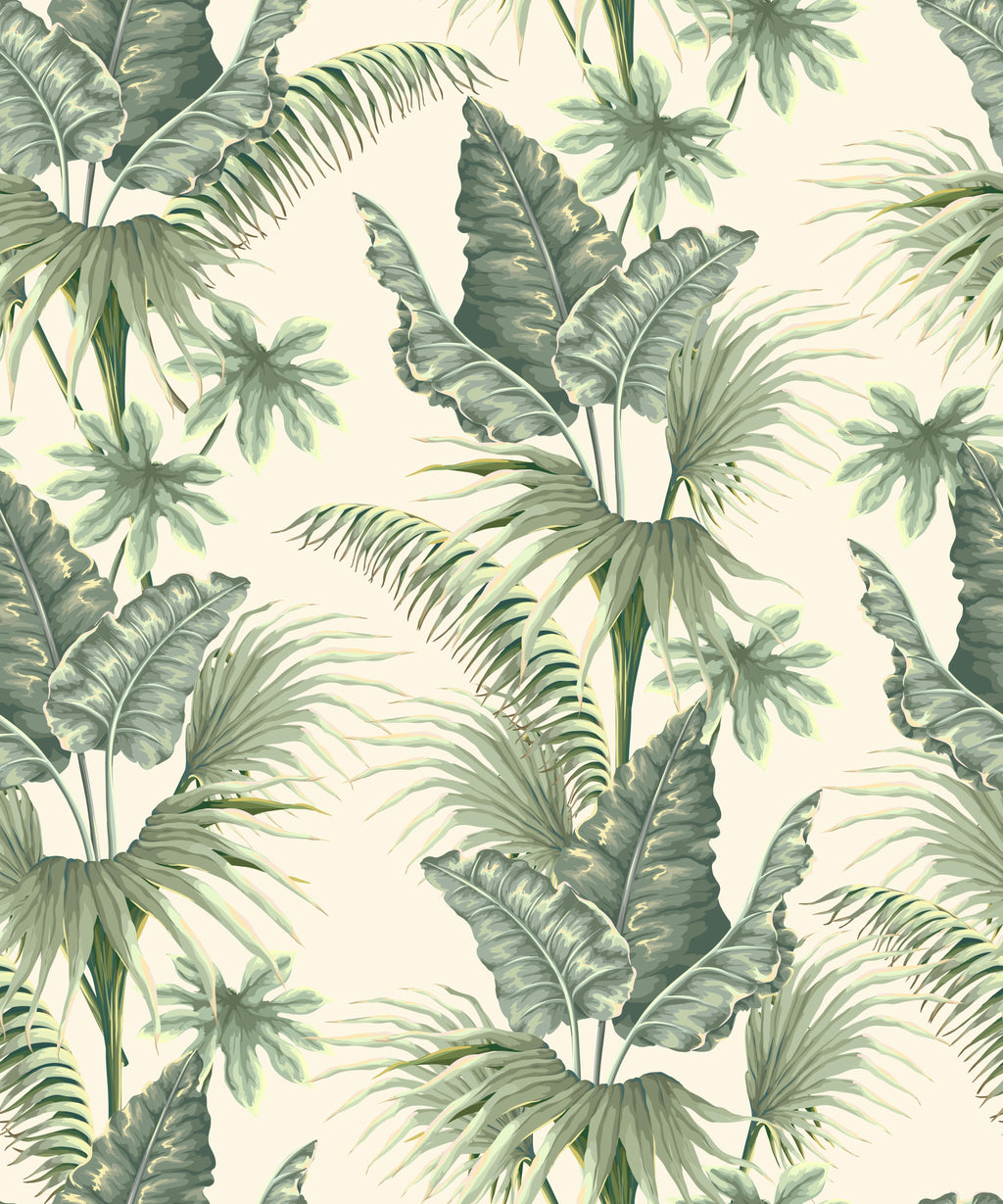 Palm Harmony, peel and stick wallpaper, graceful palm fronds and layered tropical leaves spread across a soft neutral