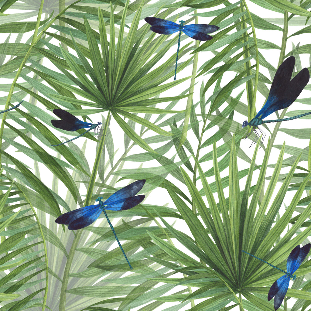 Tropical Dragonflies, peel and stick wallpaper, graceful dragonflies glide among layered palm leaves in a soft botanical