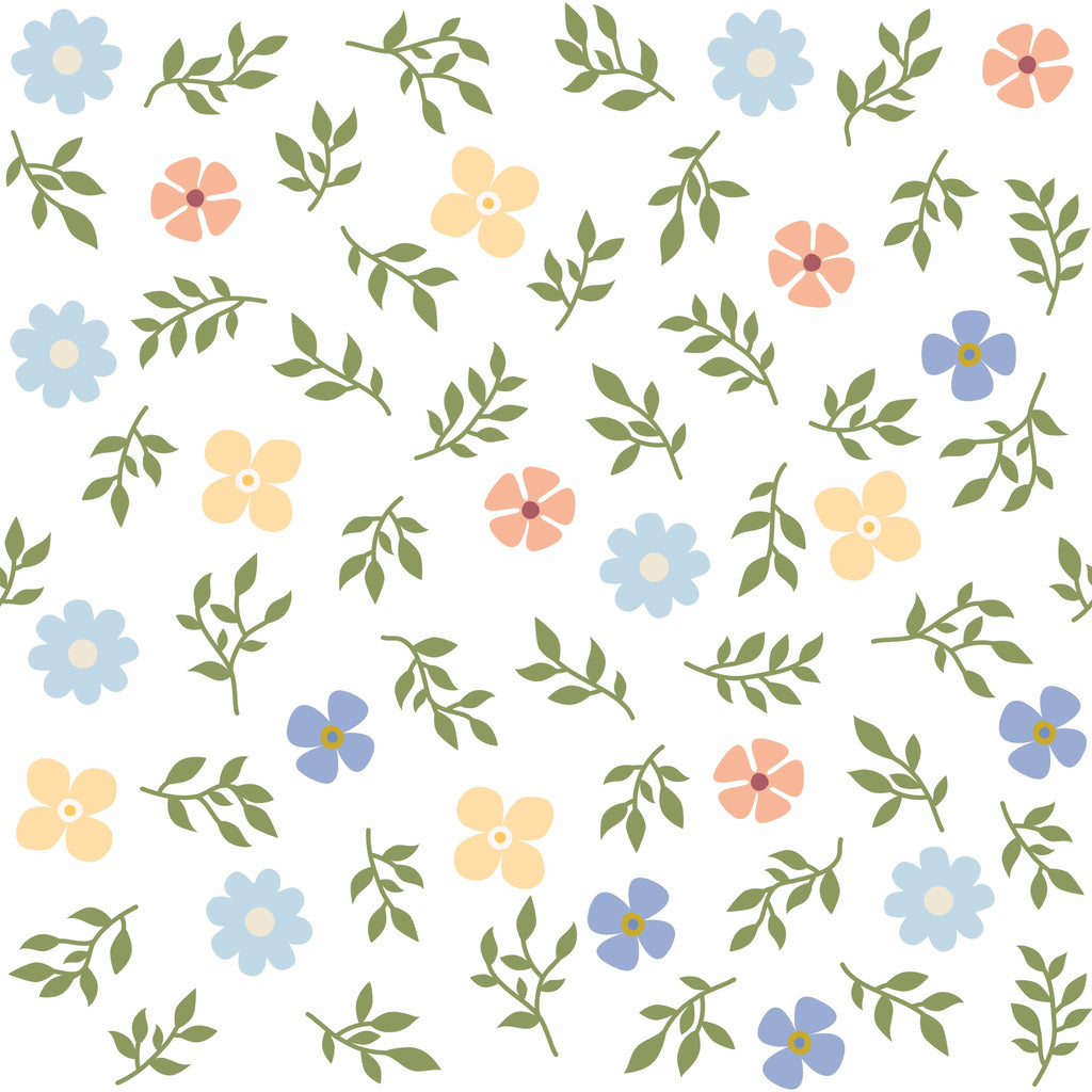 Pastel Sprigs, peel and stick wallpaper, charming pastel flowers and leafy branches scatter across a soft neutral
