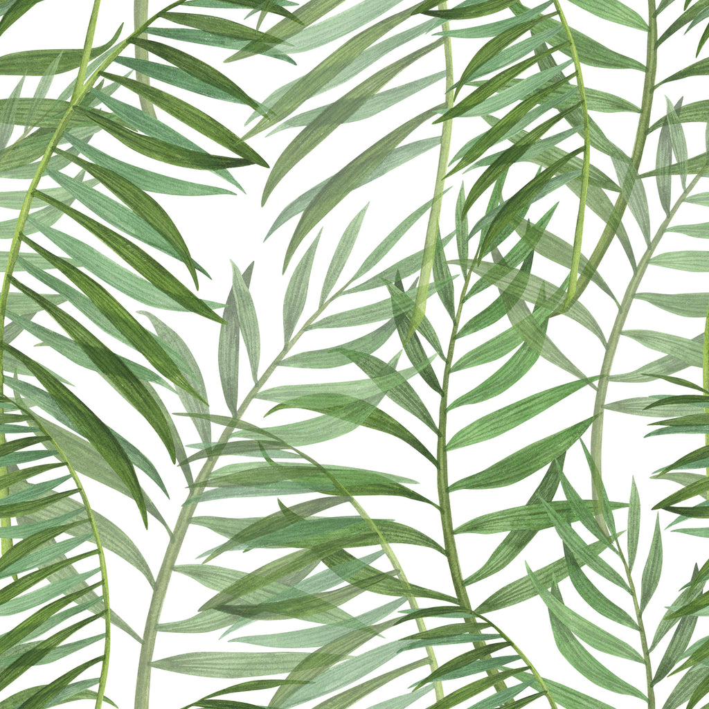 Watercolour Palms, peel and stick wallpaper, soft watercolor palm leaves overlap in a gentle botanical pattern