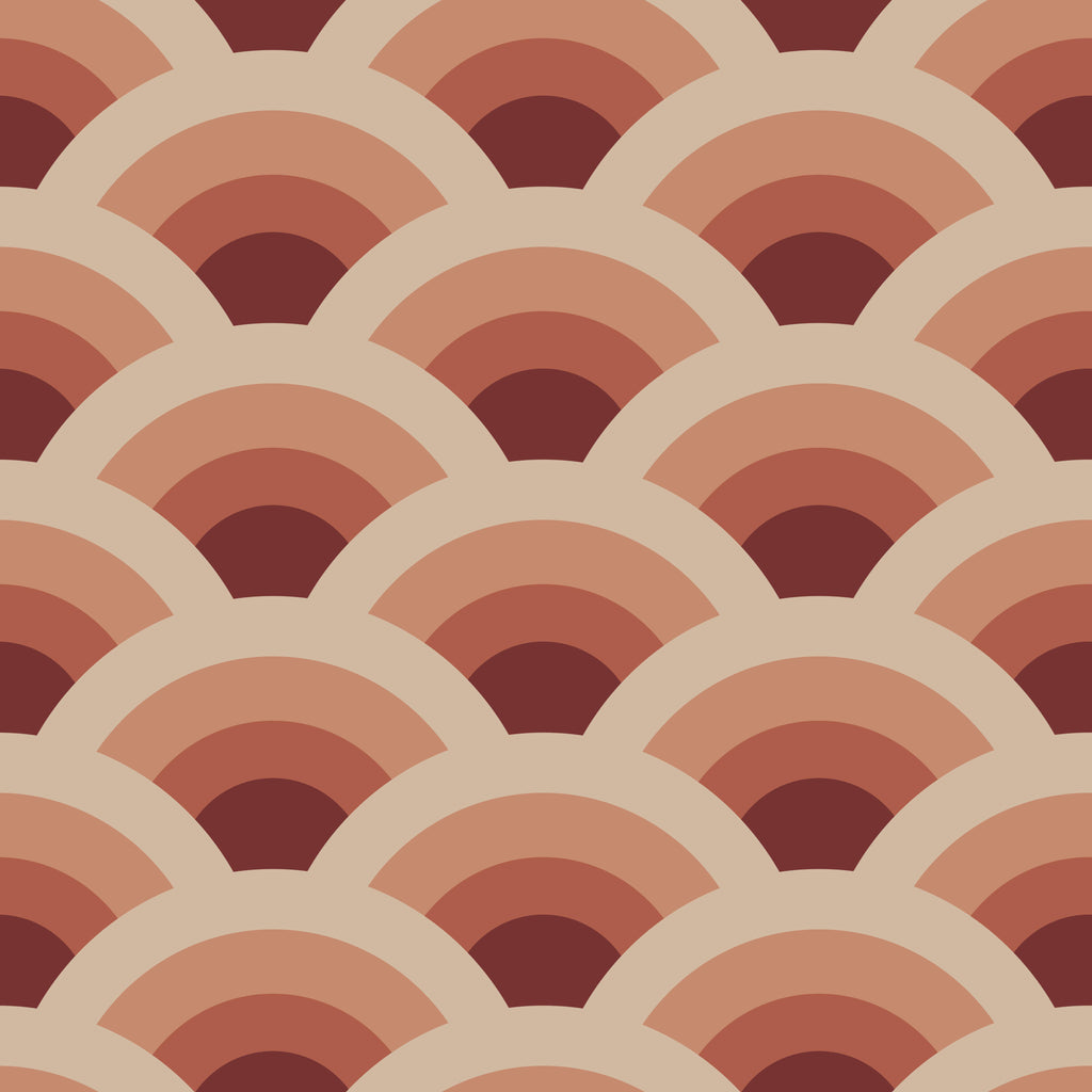 Terracotta Fans, peel and stick wallpaper, warm terracotta arches repeat in a geometric fan pattern, bringing retro charm