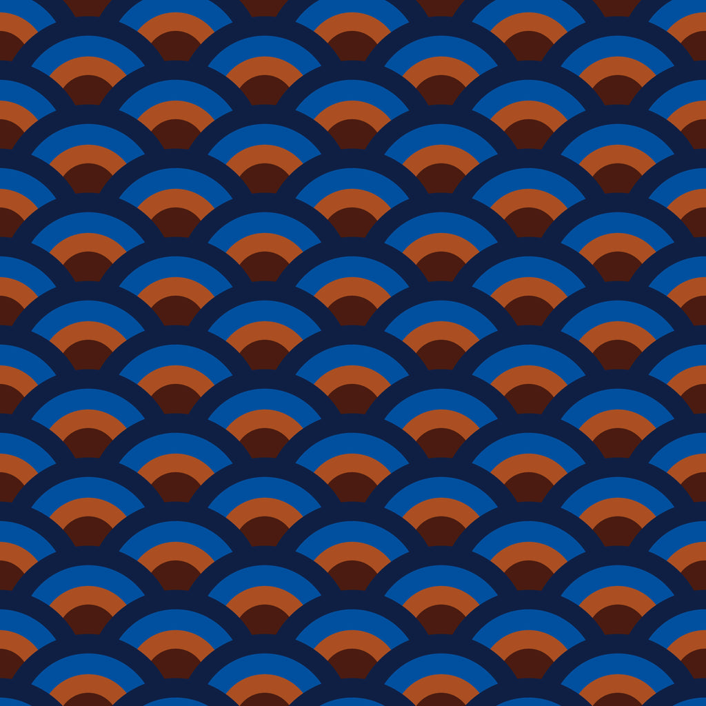 Midnight Arches, peel and stick wallpaper, bold layered arches in deep navy and warm rust tones create a striking