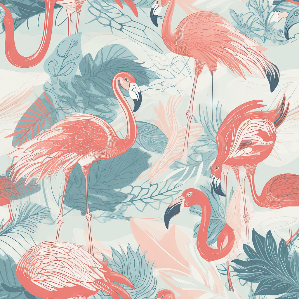 Flamingo Haven, peel and stick wallpaper, elegant flamingos stand among soft tropical foliage, creating a stylish nature