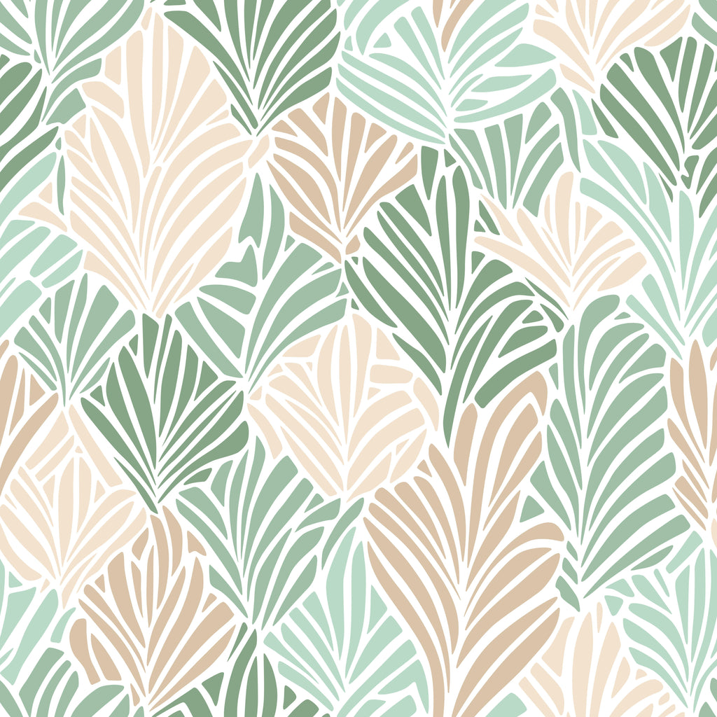 Tropical Layers, peel and stick wallpaper, fresh botanical wallpaper featuring overlapping palm leaves in soft green