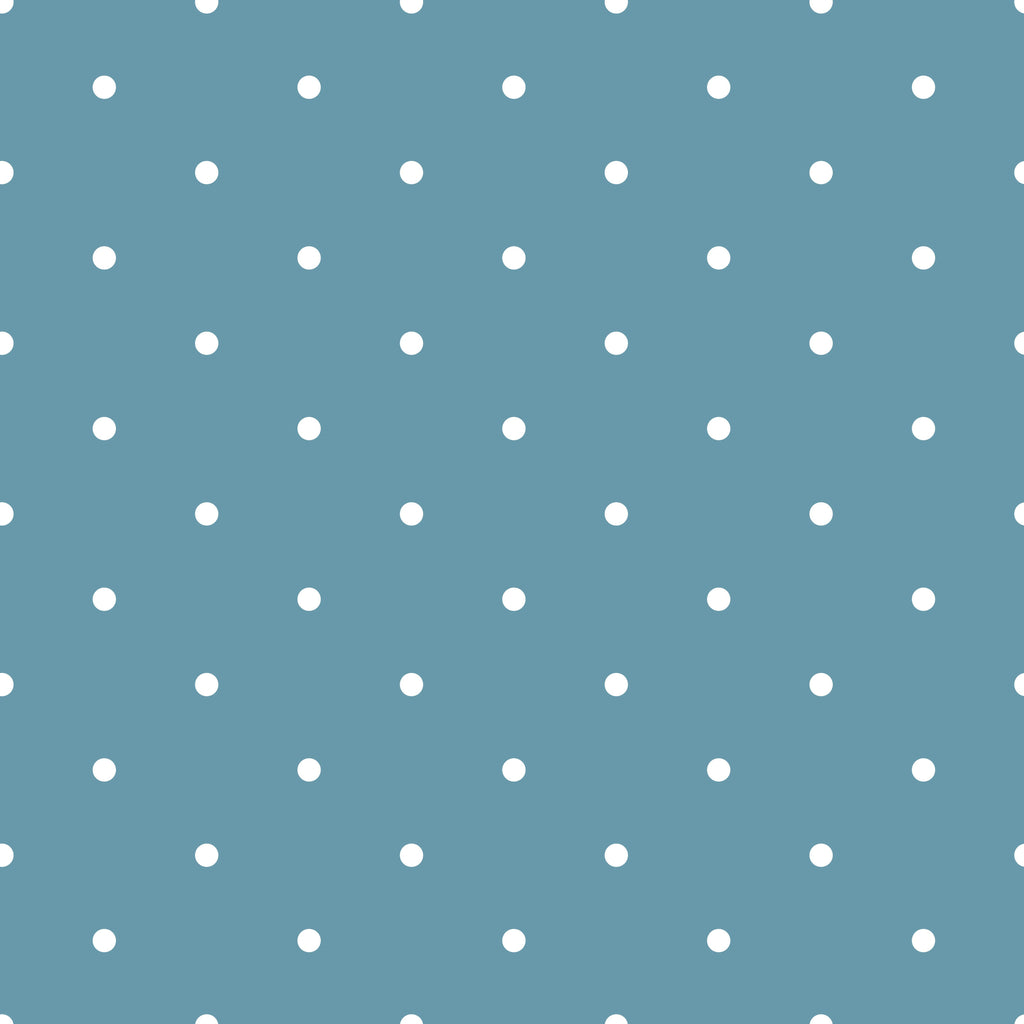 Sky Polka, peel and stick wallpaper, evenly spaced white polka dots rest on a calming sky-blue background