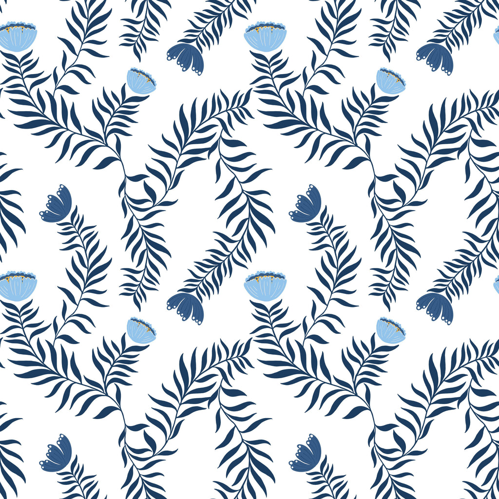 Indigo Ferns, peel and stick wallpaper, elegant blue botanical stems and soft blossoms flow across a light background