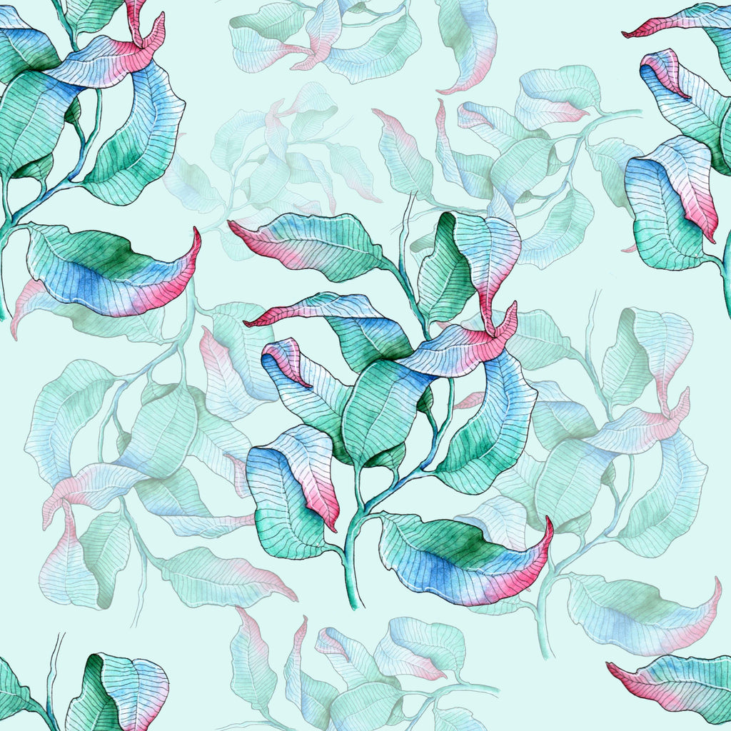 Iridescent Leaves, peel and stick wallpaper, flowing watercolor leaves in soft teal, blue, and blush tones drift