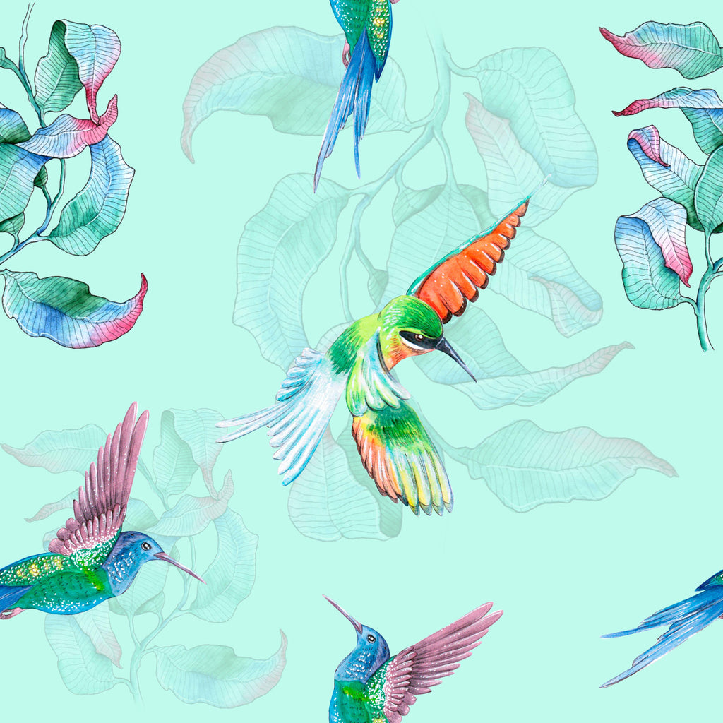Humming Flight, peel and stick wallpaper, colorful hummingbirds glide across a soft mint background, surrounded