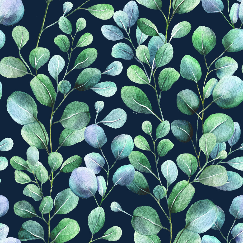 Midnight Eucalyptus, peel and stick wallpaper, soft watercolor eucalyptus leaves in layered green and blue tones rise
