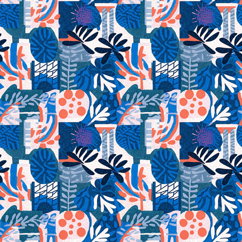 Indigo Garden, peel and stick wallpaper, patterned wallpaper featuring layered leaves, coral shapes, and abstract forms