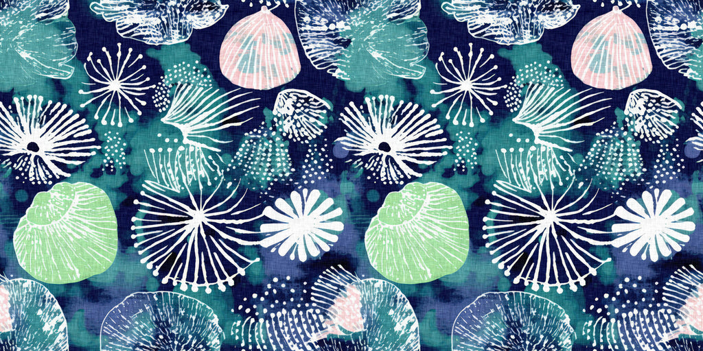 Midnight Shells, peel and stick wallpaper, ocean-inspired wallpaper featuring delicate shell and coral silhouettes over