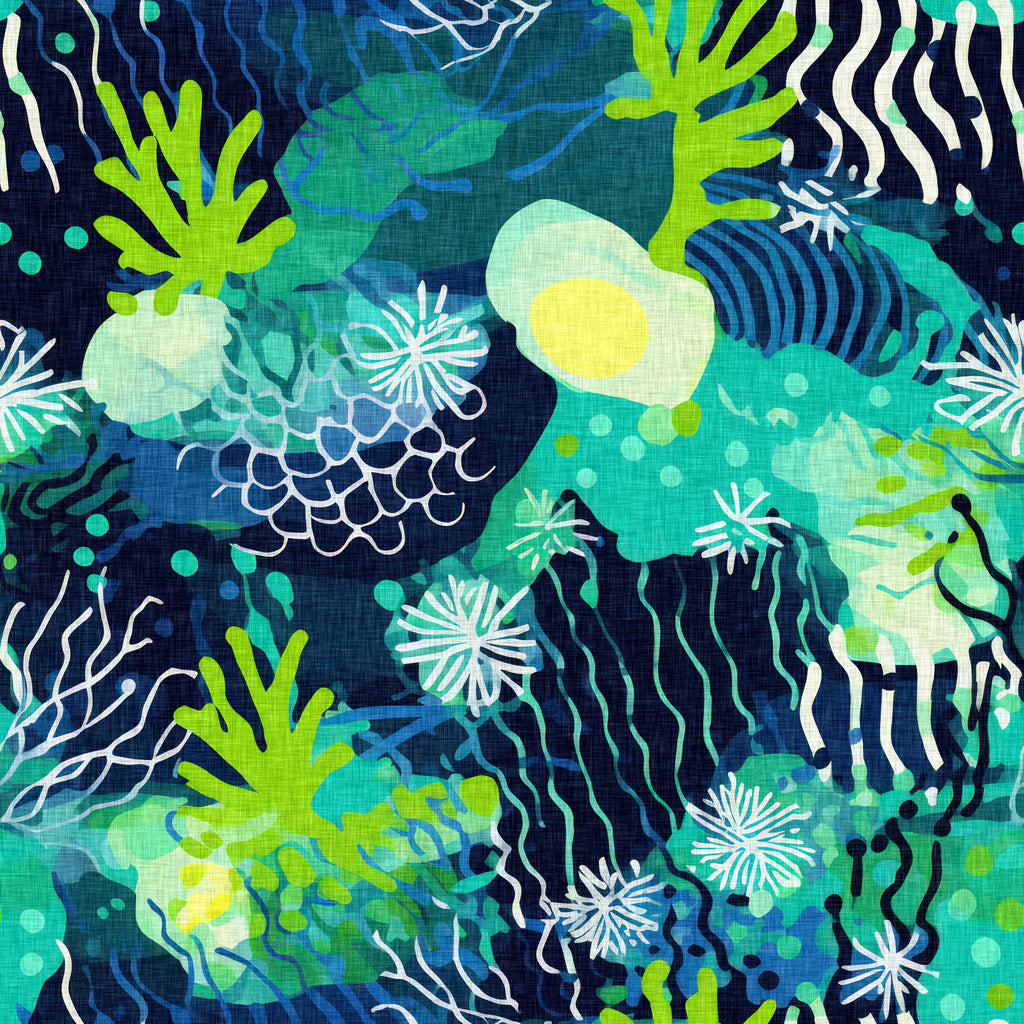 Reef Garden, peel and stick wallpaper, ocean-inspired wallpaper featuring coral shapes, flowing sea plants, and abstract