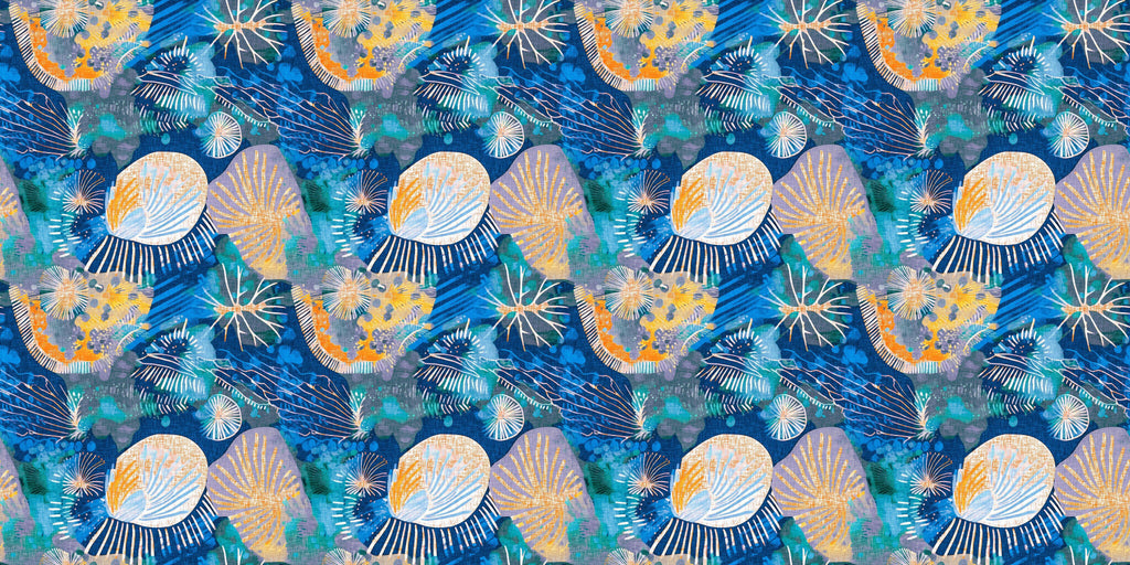 Tide Shells, peel and stick wallpaper, ocean-inspired wallpaper featuring layered shells, coral bursts, and flowing marine