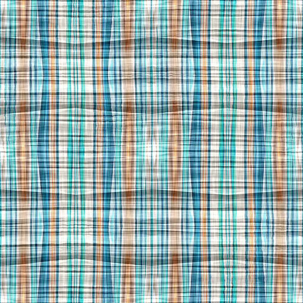 Harbor Plaid, peel and stick wallpaper, plaid wallpaper featuring teal, sandy beige, and soft brown stripes