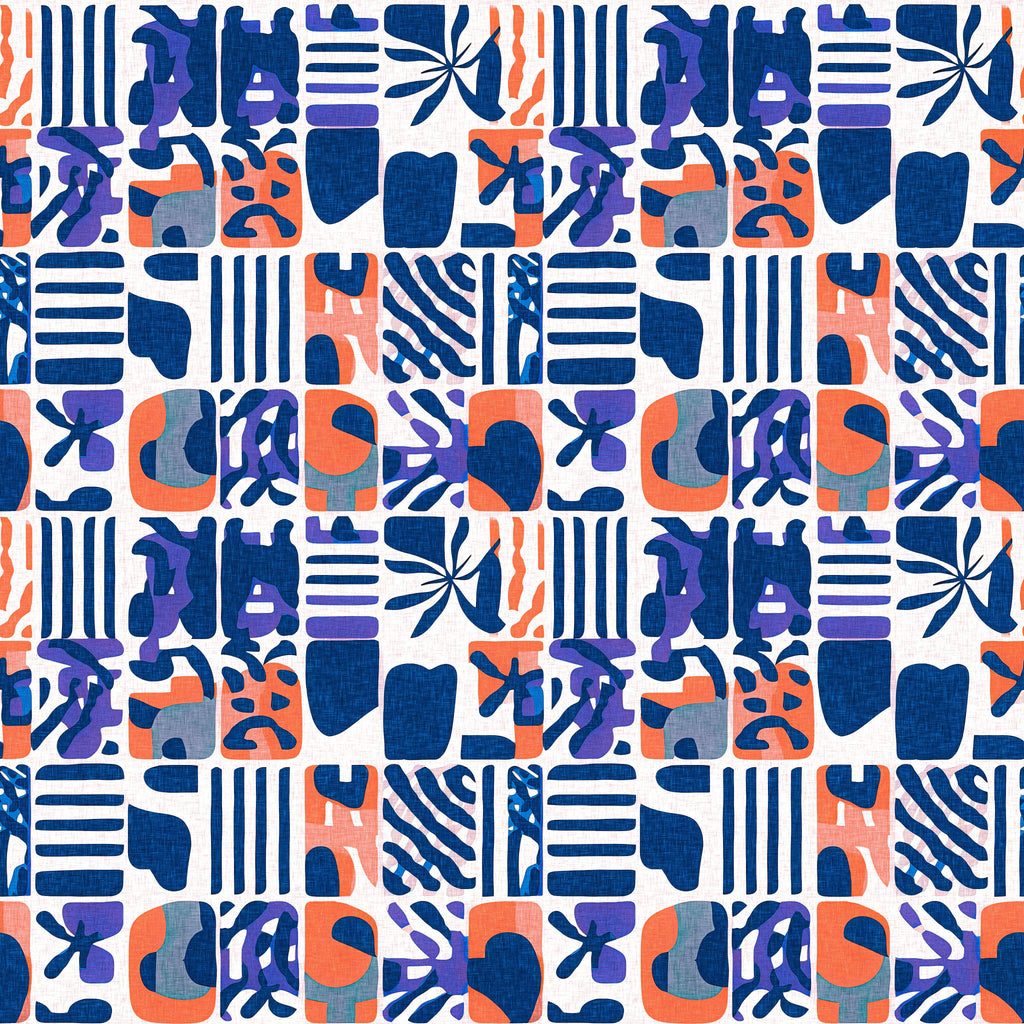 Indigo Shapes, peel and stick wallpaper, geometric wallpaper featuring abstract shapes arranged in a repeating mosaic