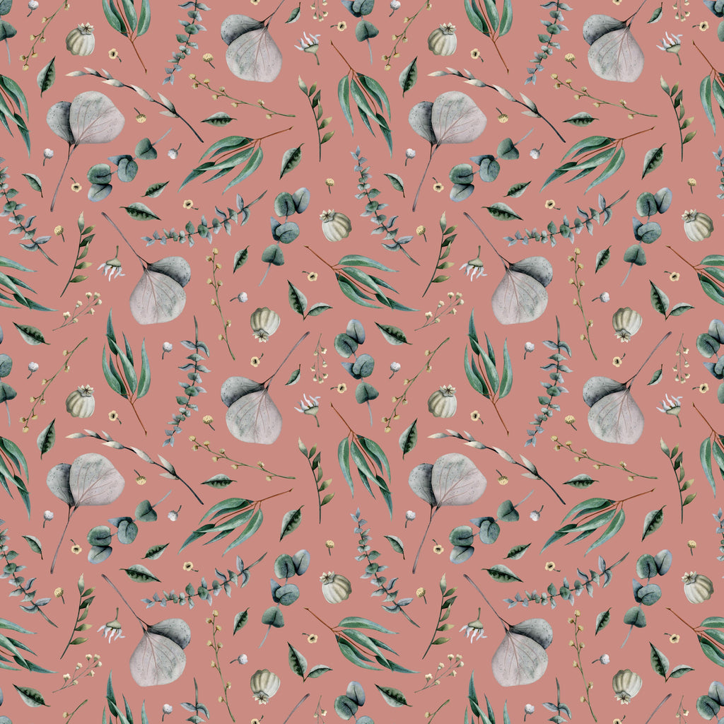 Terracotta Botanica, peel and stick wallpaper, delicate watercolor botanicals scatter gracefully across a warm terracotta