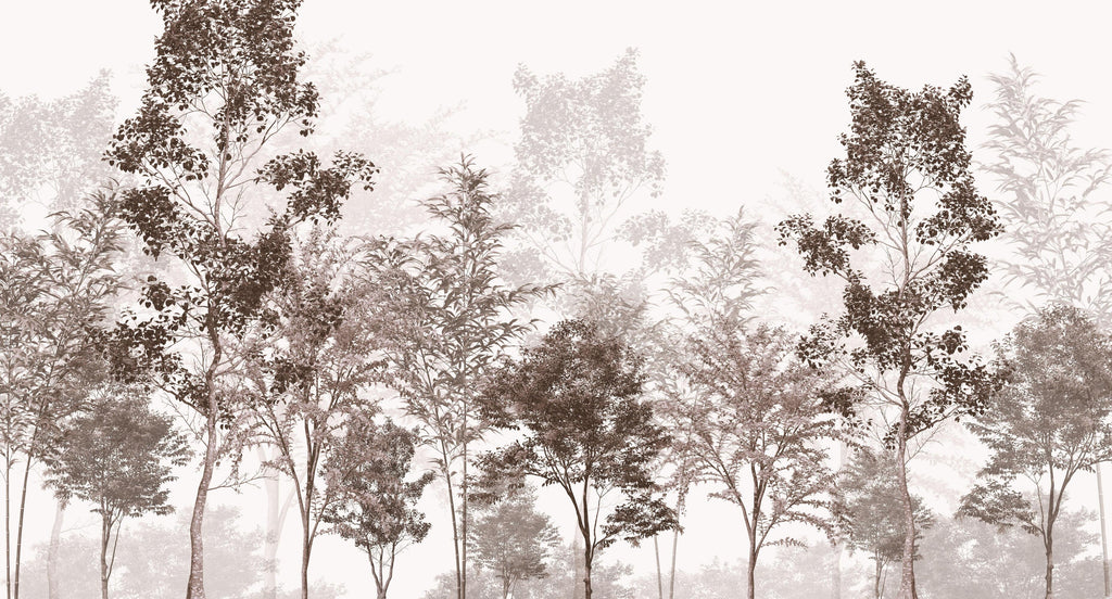 Woodland Mist, peel and stick wallpaper, layered forest trees in soft sepia tones create a tranquil landscape filled