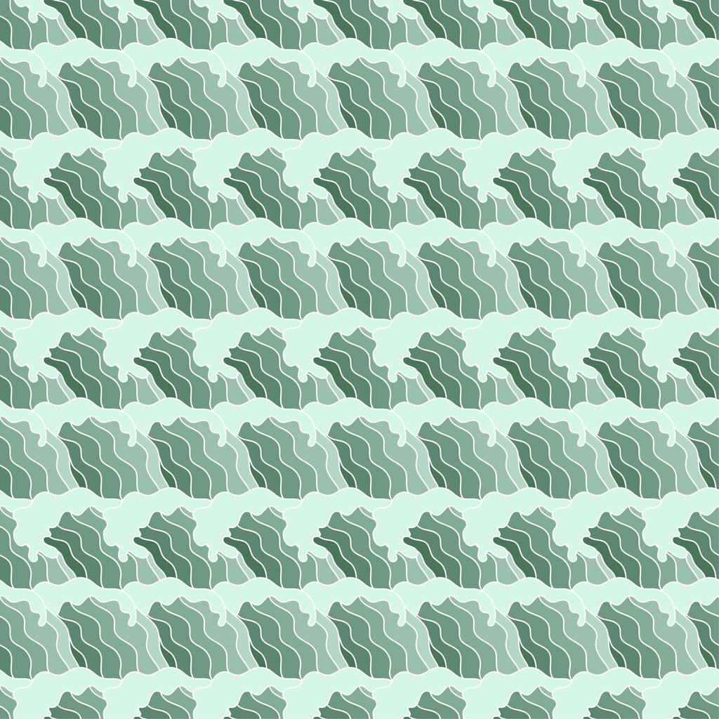 Ocean Rhythm, peel and stick wallpaper, layered wave silhouettes repeat in calming seafoam and sage tones, forming