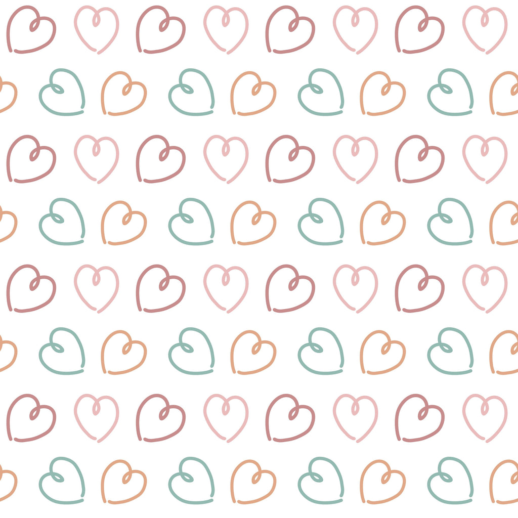 Gentle Hearts, peel and stick wallpaper, simple hand drawn hearts repeat in soft pastel tones, creating a sweet and modern
