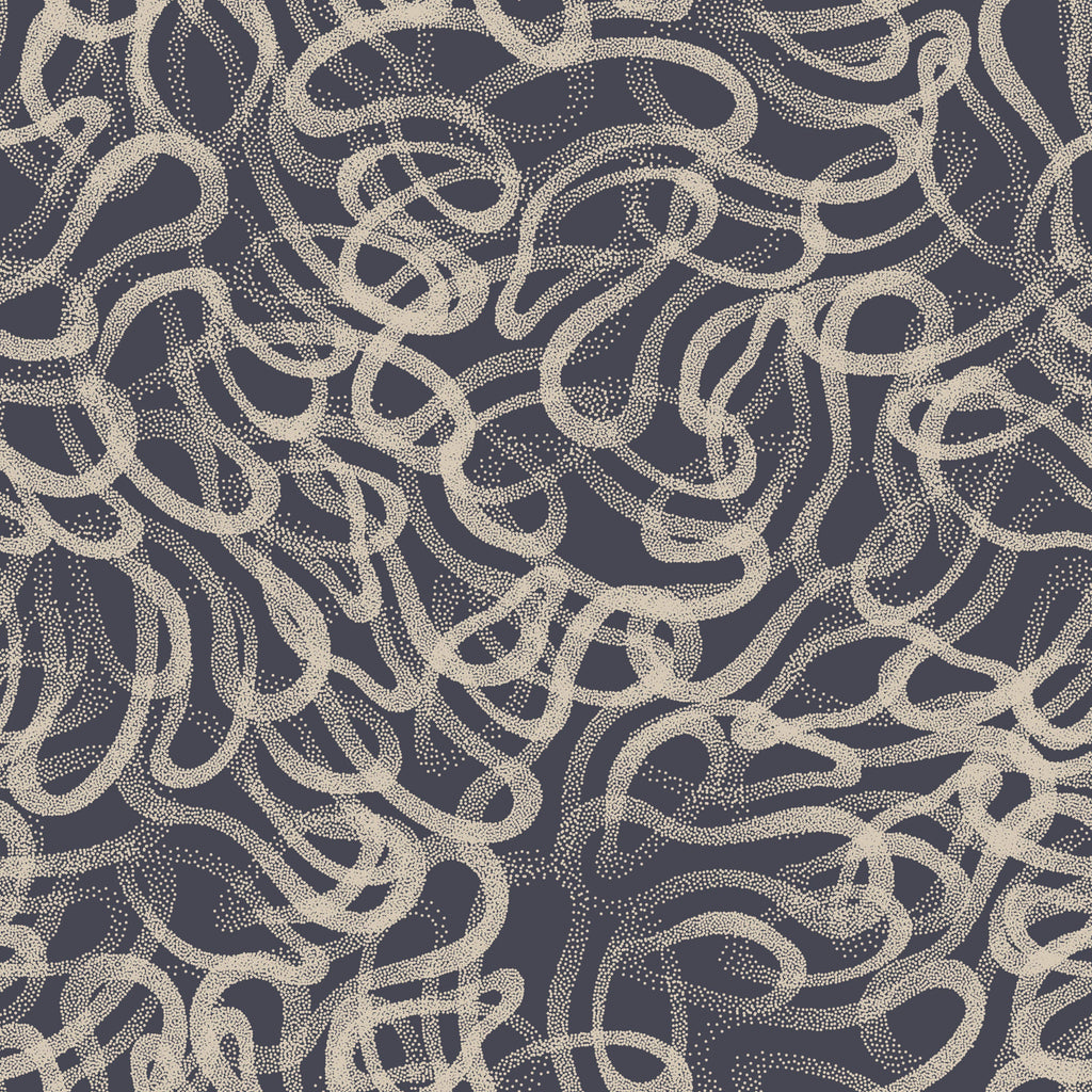 Charcoal Whorls, peel and stick wallpaper, flowing dotted lines swirl across a deep charcoal background, forming an