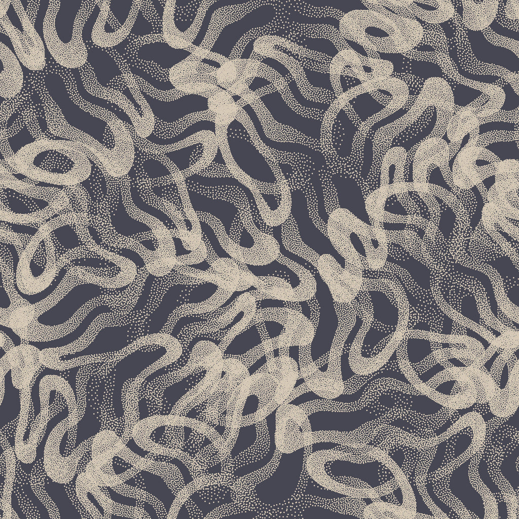 Slate Swirls, peel and stick wallpaper, intricate dotted strokes weave across a deep slate background, creating a lively