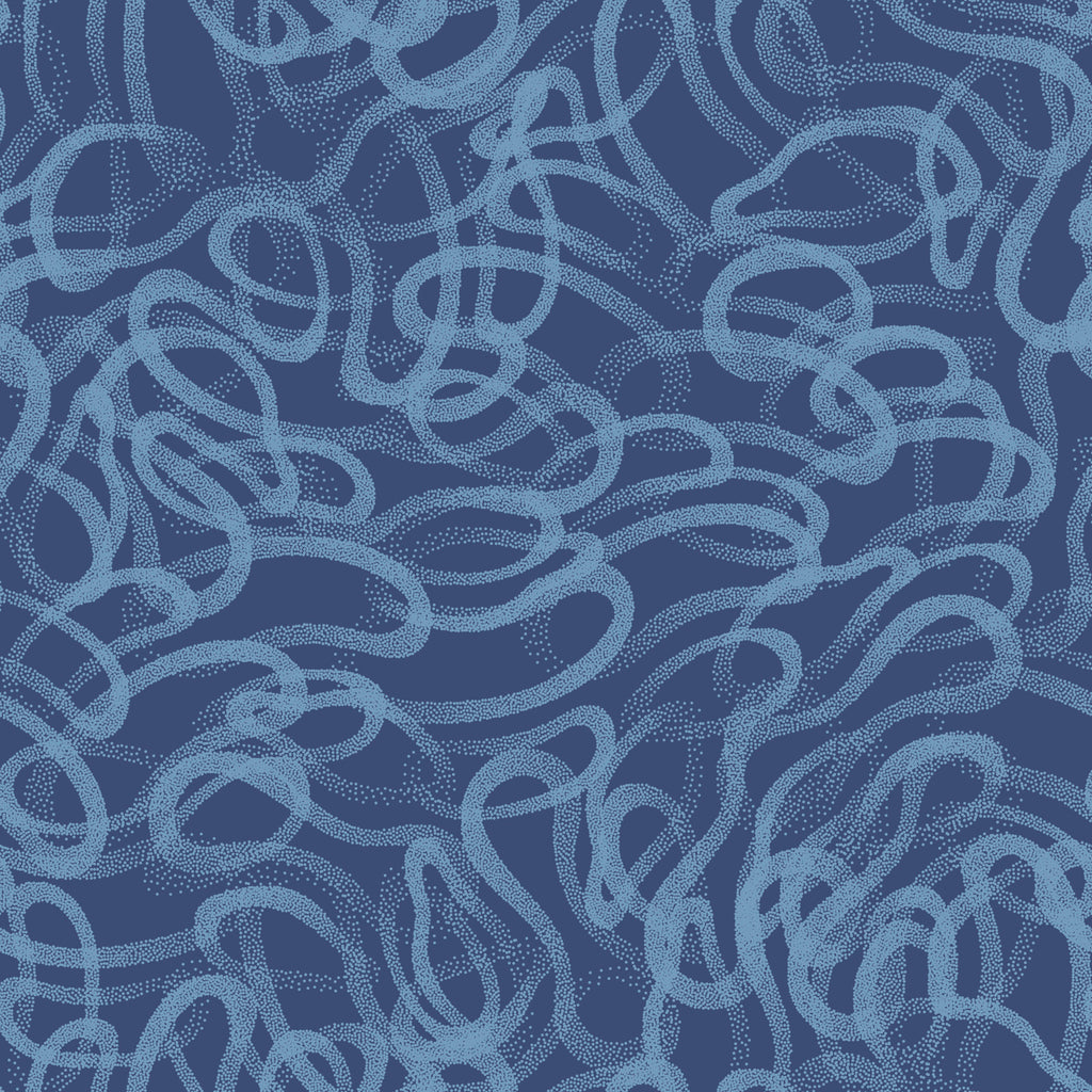 Azure Scribbles, peel and stick wallpaper, playful dotted lines sweep across a rich blue background, forming an expressive