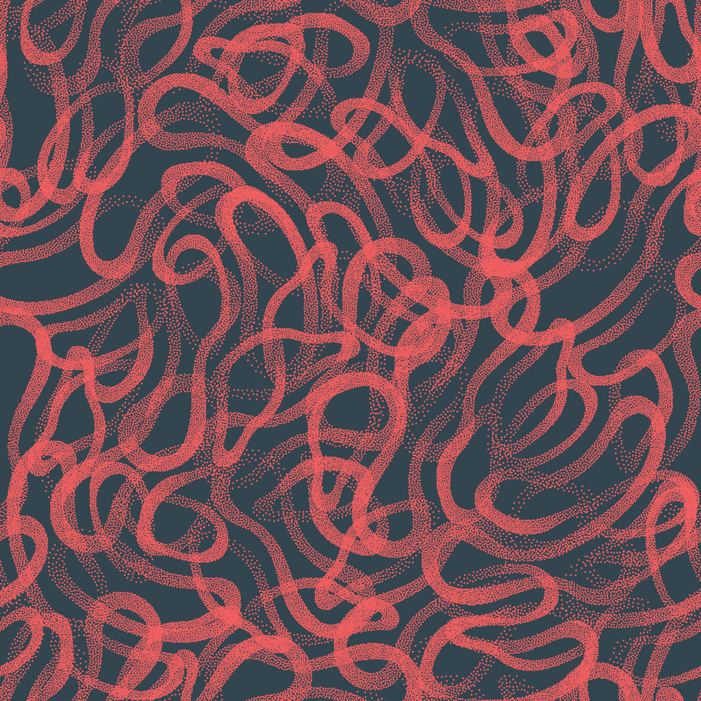 Coral Motion, peel and stick wallpaper, energetic dotted lines in vivid coral sweep across a deep charcoal background