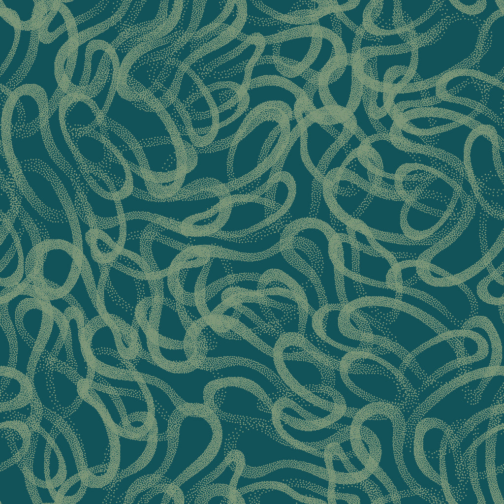 Teal Whispers, peel and stick wallpaper, soft dotted strokes flow across a deep teal background, creating an elegant