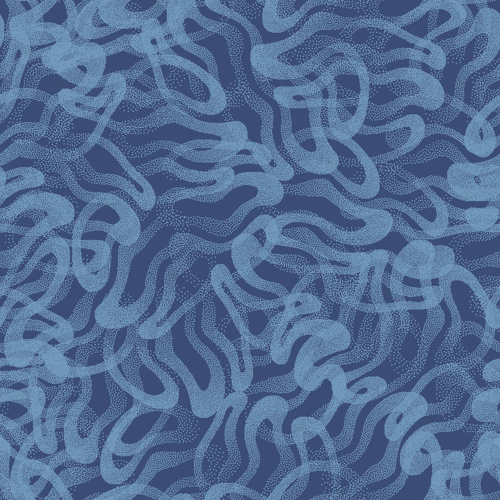 Indigo Drift, peel and stick wallpaper, flowing dotted patterns in soft blue sweep across a deep indigo background