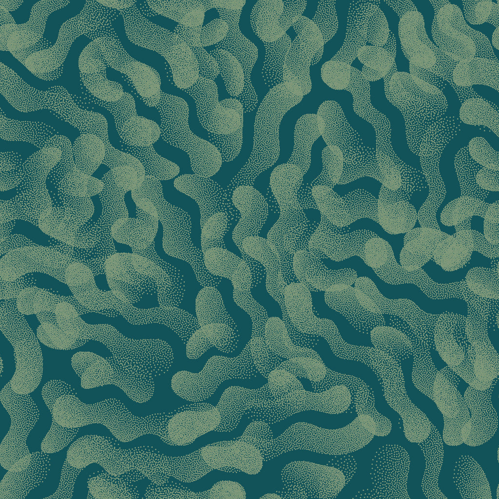 Forest Flow, peel and stick wallpaper, organic dotted shapes drift across a rich forest-teal background, forming