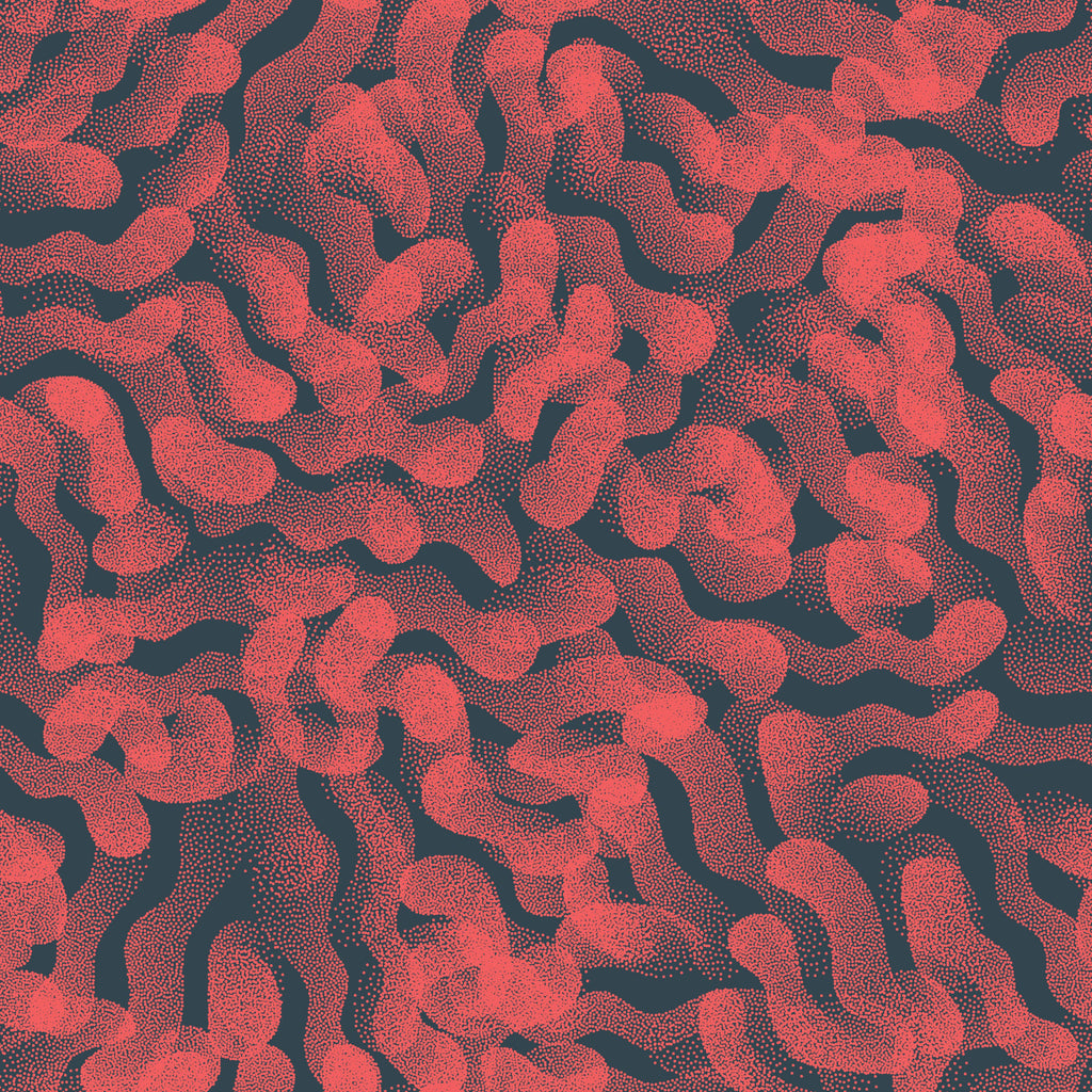 Crimson Tides, peel and stick wallpaper, bold crimson dotted forms ripple across a dark slate background