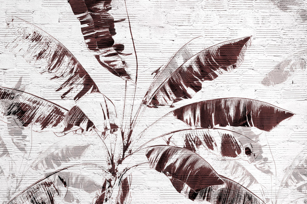 Crimson Leaves, peel and stick wallpaper, bold tropical banana leaves illustrated in deep crimson tones stand against
